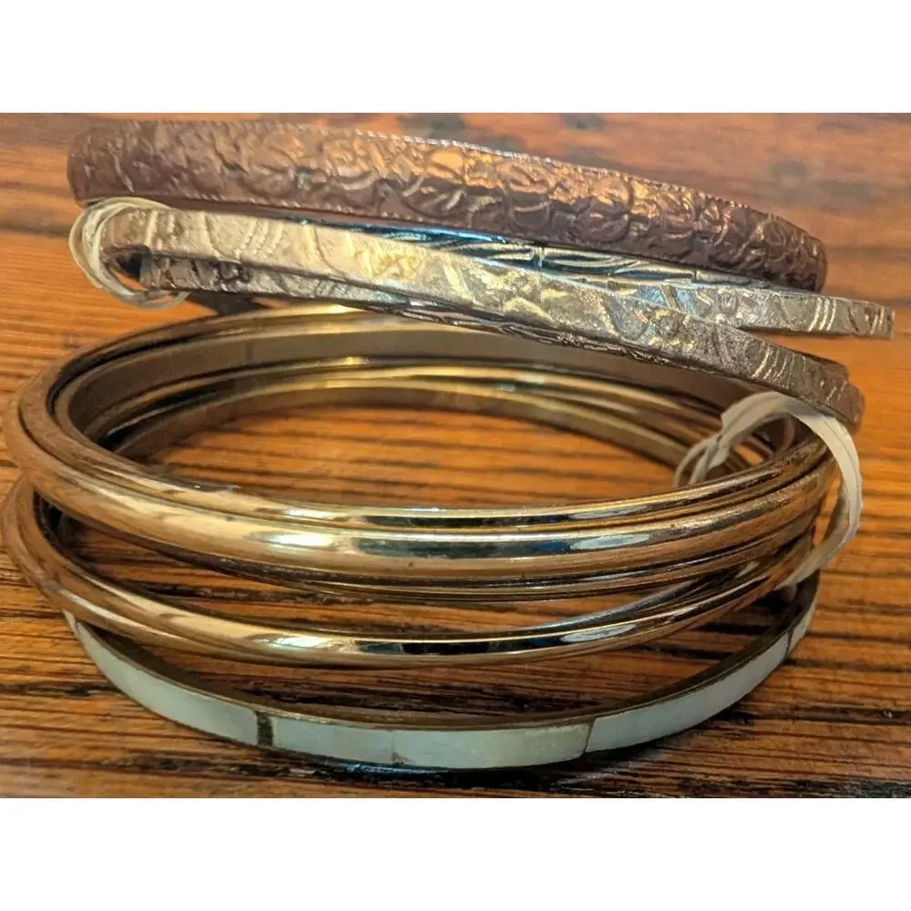 Vintage Stack Of Silver And Copper Bangels Bracelets